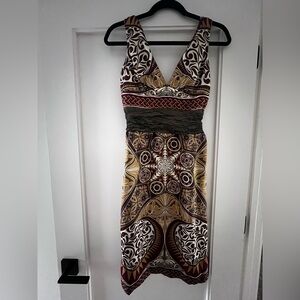 Nicole Miller Sleeveless V-Neck Midi Dress in Brown, Cream, Gold